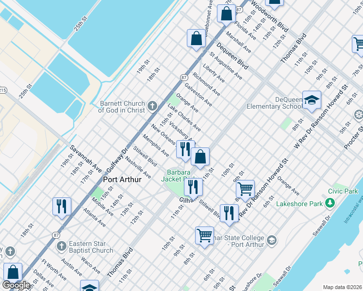 map of restaurants, bars, coffee shops, grocery stores, and more near 1701 Bluebonnet Avenue in Port Arthur