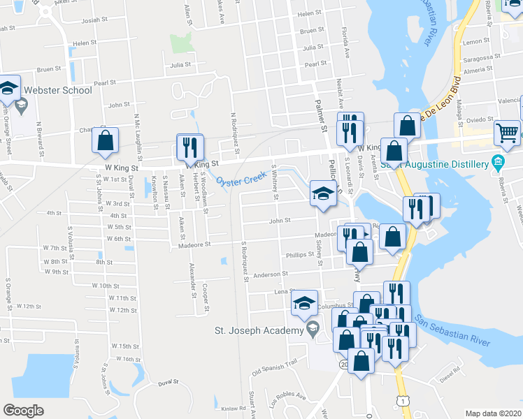 map of restaurants, bars, coffee shops, grocery stores, and more near 533 Christopher Street in St. Augustine