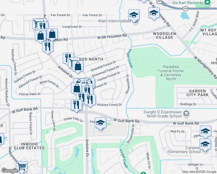 map of restaurants, bars, coffee shops, grocery stores, and more near 5518 Edgebrook Forest Drive in Houston