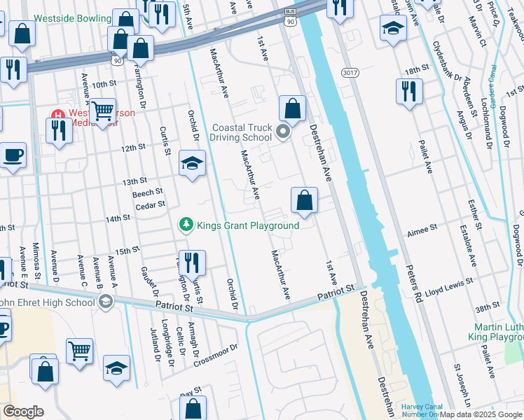 map of restaurants, bars, coffee shops, grocery stores, and more near 1149 MacArthur Avenue in Harvey