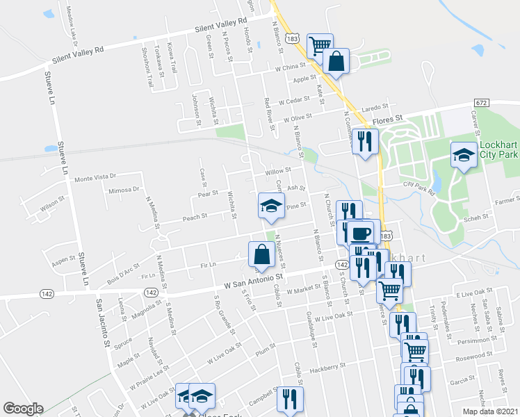 map of restaurants, bars, coffee shops, grocery stores, and more near 520 North Pecos Street in Lockhart