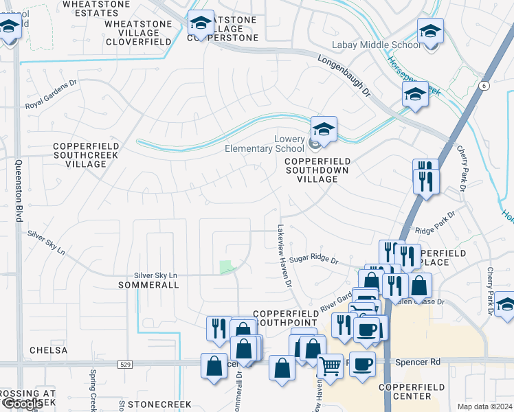 map of restaurants, bars, coffee shops, grocery stores, and more near 16223 Hickory Point Road in Houston