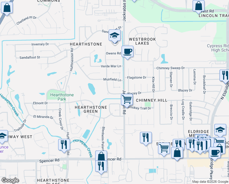 map of restaurants, bars, coffee shops, grocery stores, and more near 14110 Blazey Dr in Houston