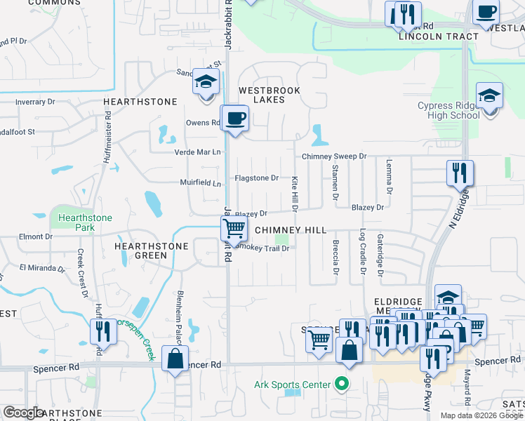 map of restaurants, bars, coffee shops, grocery stores, and more near 7502 Millbrae Lane in Houston