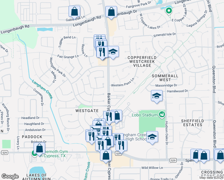 map of restaurants, bars, coffee shops, grocery stores, and more near 7519 Grand Terrace Court in Houston