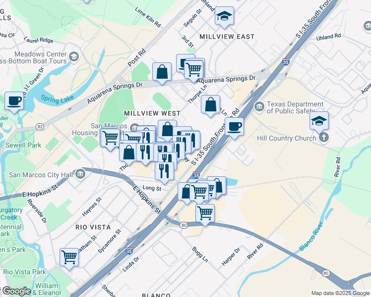 map of restaurants, bars, coffee shops, grocery stores, and more near 421 Springtown Way in San Marcos