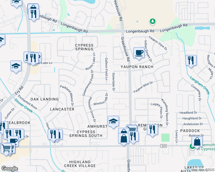 map of restaurants, bars, coffee shops, grocery stores, and more near 19715 Hidden Shadow Lane in Cypress