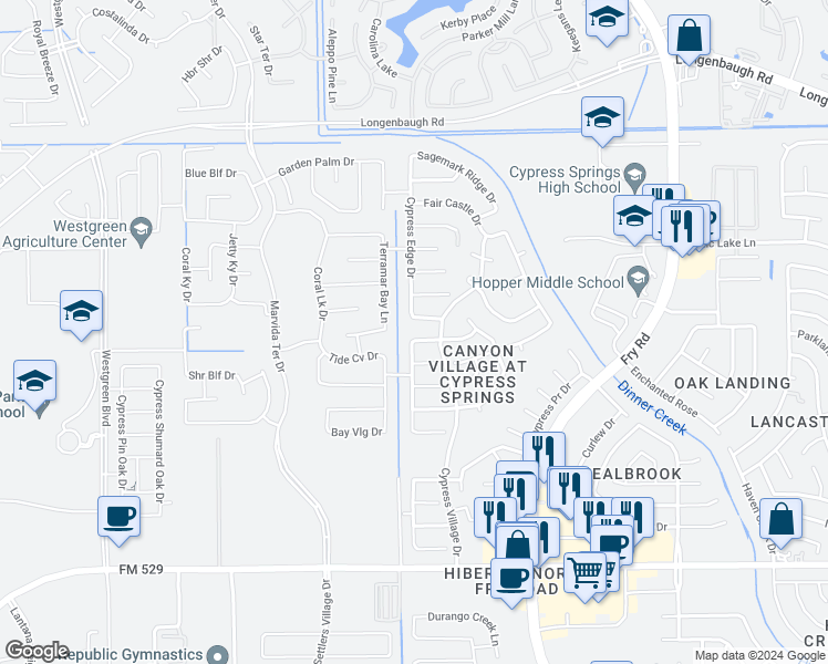 map of restaurants, bars, coffee shops, grocery stores, and more near 20722 Cypress Green Lane in Cypress