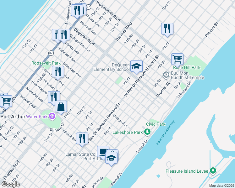 map of restaurants, bars, coffee shops, grocery stores, and more near 748 Richmond Avenue in Port Arthur