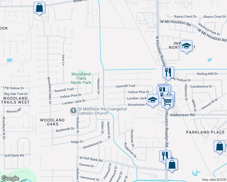 map of restaurants, bars, coffee shops, grocery stores, and more near 7406 Yellow Pine Drive in Houston