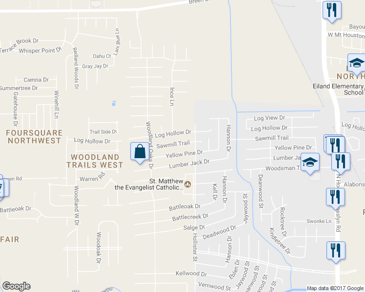 map of restaurants, bars, coffee shops, grocery stores, and more near 7819 Sawmill Trail in Houston
