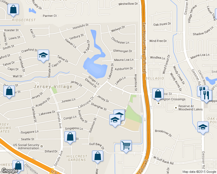 map of restaurants, bars, coffee shops, grocery stores, and more near 7827 Zilonis Court in Jersey Village