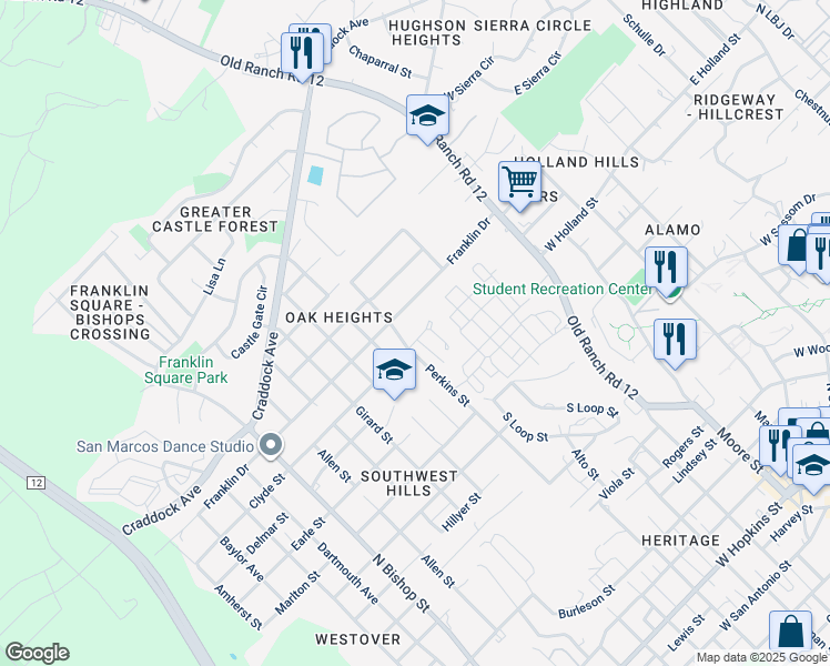 map of restaurants, bars, coffee shops, grocery stores, and more near 630 Clyde Court in San Marcos
