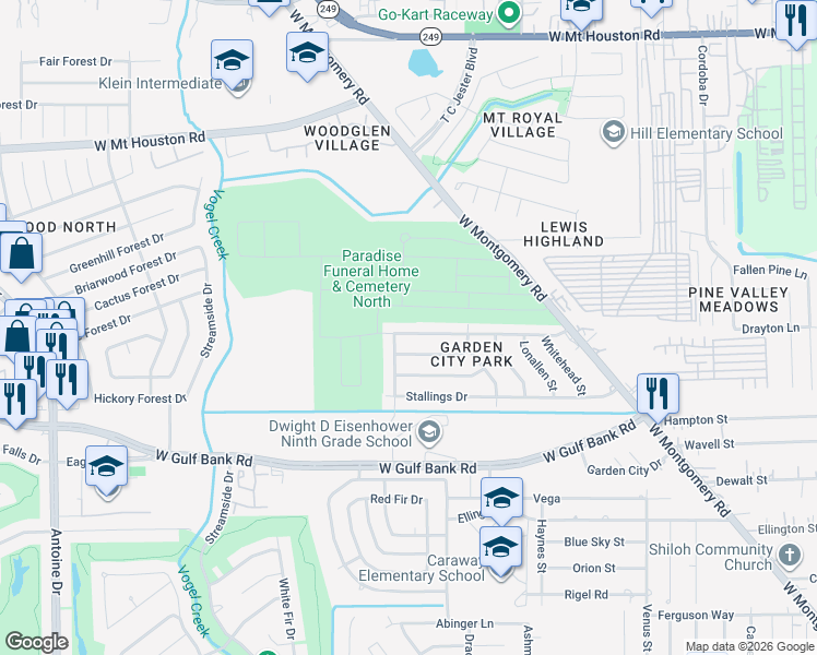map of restaurants, bars, coffee shops, grocery stores, and more near 3322 McCrarey Drive in Houston