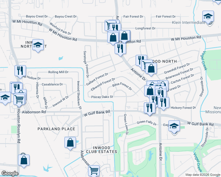 map of restaurants, bars, coffee shops, grocery stores, and more near 6115 Bihia Forest Drive in Houston