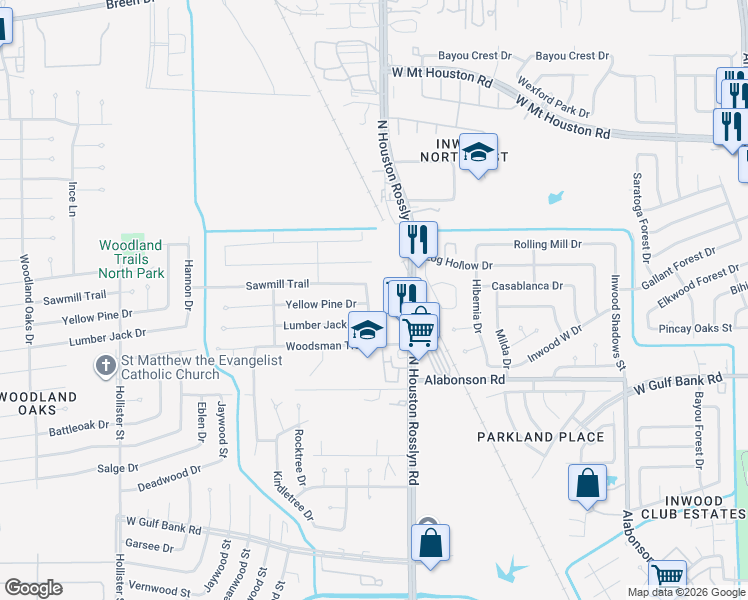map of restaurants, bars, coffee shops, grocery stores, and more near 10114 Pine Moss Drive in Houston