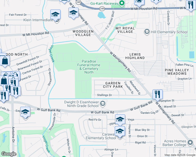 map of restaurants, bars, coffee shops, grocery stores, and more near 3322 McCrarey Drive in Houston