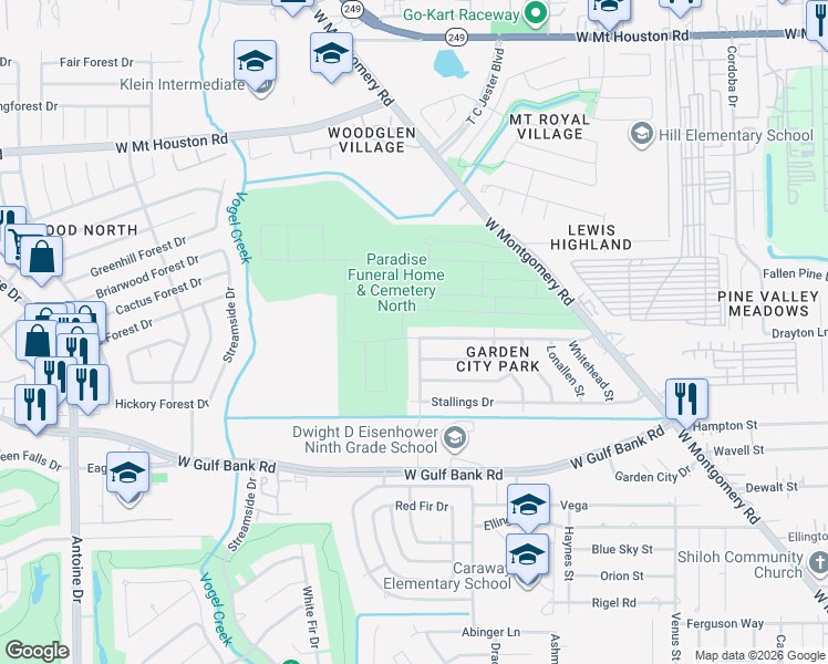map of restaurants, bars, coffee shops, grocery stores, and more near 3322 McCrarey Drive in Houston