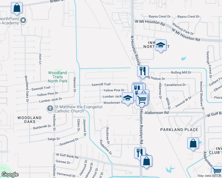 map of restaurants, bars, coffee shops, grocery stores, and more near 7211 Yellow Pine Drive in Houston