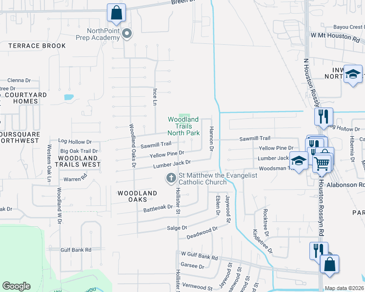 map of restaurants, bars, coffee shops, grocery stores, and more near 7714 Yellow Pine Drive in Houston
