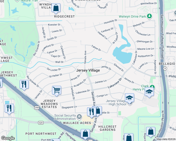map of restaurants, bars, coffee shops, grocery stores, and more near in Jersey Village