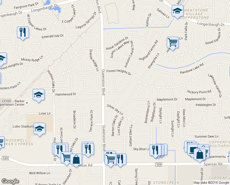 map of restaurants, bars, coffee shops, grocery stores, and more near 7307 Dogwood Falls Road in Houston