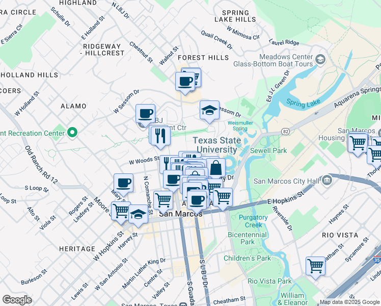 map of restaurants, bars, coffee shops, grocery stores, and more near Woods St in San Marcos