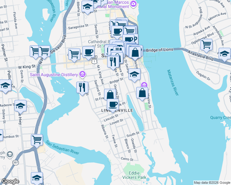 map of restaurants, bars, coffee shops, grocery stores, and more near 74 Saint Francis Street in St. Augustine