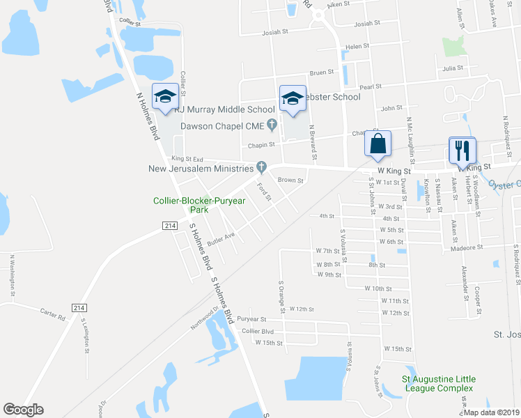 map of restaurants, bars, coffee shops, grocery stores, and more near 146 Smith Street in Saint Augustine