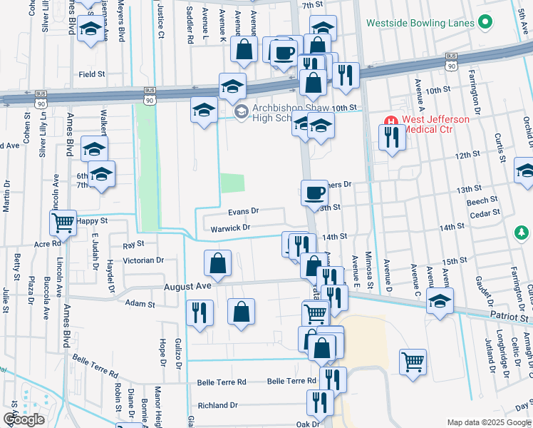 map of restaurants, bars, coffee shops, grocery stores, and more near 5148 Warwick Drive in Marrero