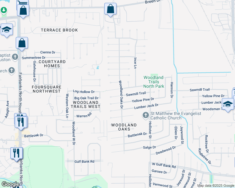 map of restaurants, bars, coffee shops, grocery stores, and more near 7903 Sawmill Trail in Houston