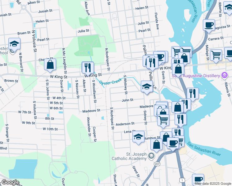 map of restaurants, bars, coffee shops, grocery stores, and more near 533 Christopher Street in St. Augustine