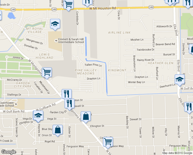 map of restaurants, bars, coffee shops, grocery stores, and more near 10559 Pine Landing Drive in Houston