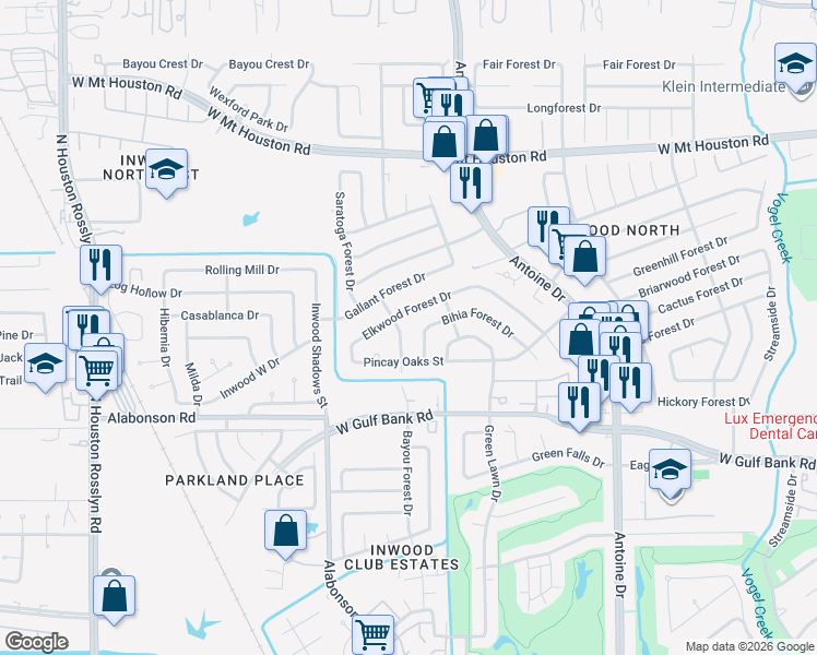 map of restaurants, bars, coffee shops, grocery stores, and more near 8219 Bayou Forest Drive in Houston