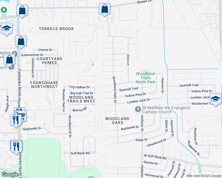 map of restaurants, bars, coffee shops, grocery stores, and more near 7903 Sawmill Trail in Houston
