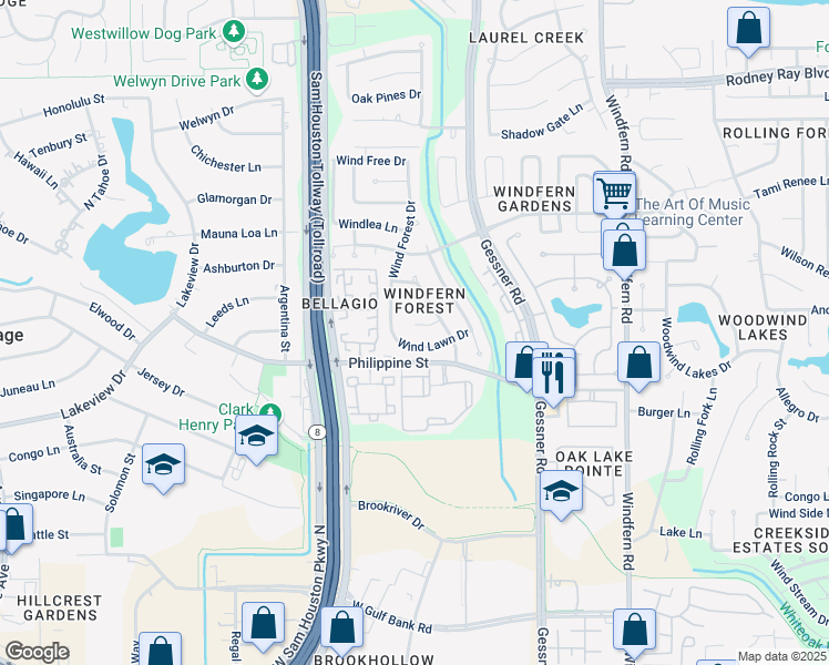 map of restaurants, bars, coffee shops, grocery stores, and more near 14626 Wind Lawn Drive in Houston