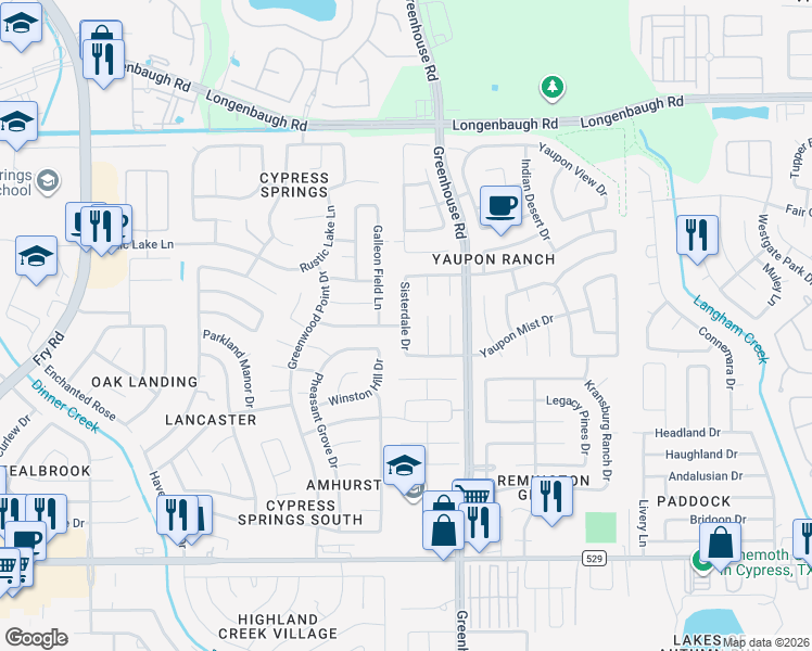 map of restaurants, bars, coffee shops, grocery stores, and more near 7623 Sisterdale Dr in Cypress