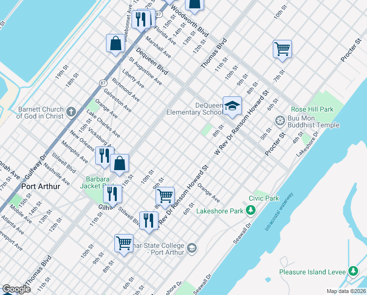 map of restaurants, bars, coffee shops, grocery stores, and more near 2116 9th Street in Port Arthur