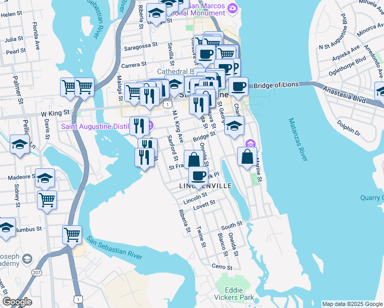 map of restaurants, bars, coffee shops, grocery stores, and more near 68 Dumas Street in St. Augustine