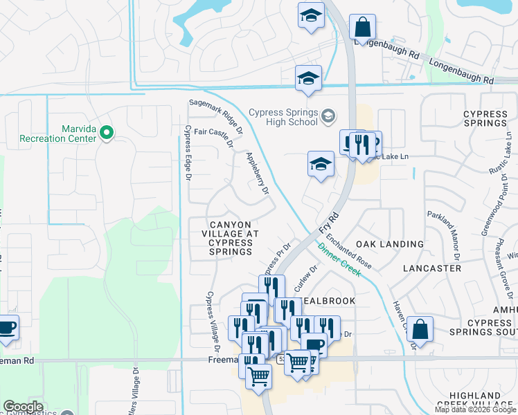 map of restaurants, bars, coffee shops, grocery stores, and more near 20523 Hillsdale Park Drive in Cypress