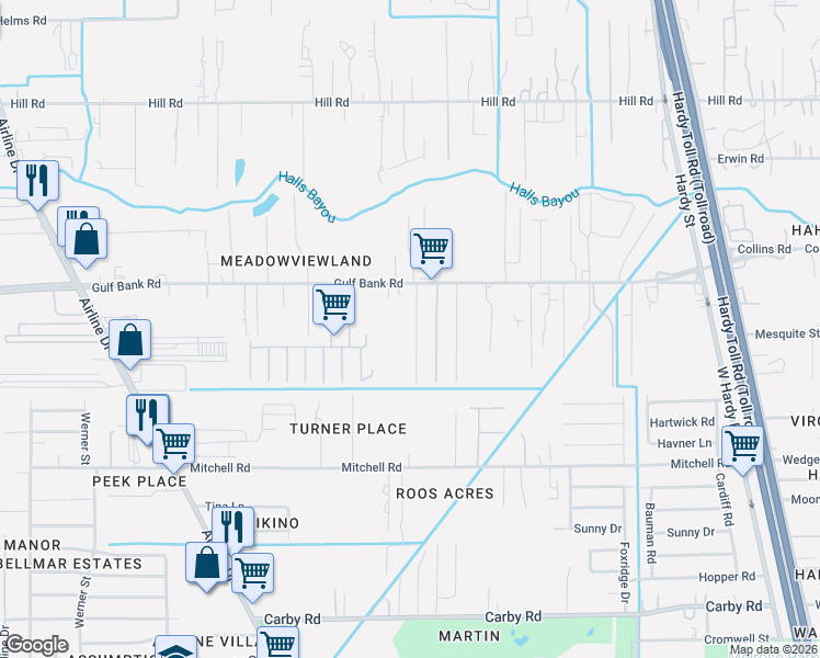 map of restaurants, bars, coffee shops, grocery stores, and more near 13007 Glenda Street in Houston