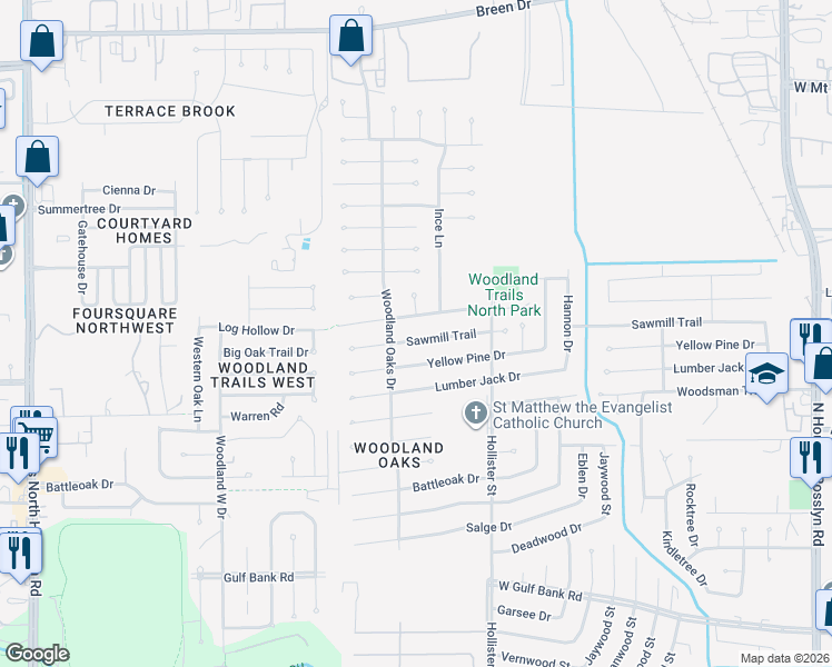map of restaurants, bars, coffee shops, grocery stores, and more near 7851 Sawmill Trail in Houston