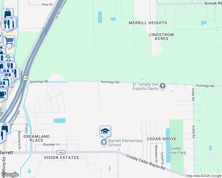 map of restaurants, bars, coffee shops, grocery stores, and more near 238-1598 Kennings Road in Crosby