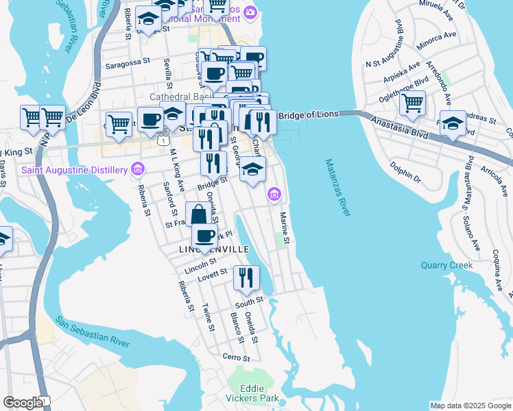 map of restaurants, bars, coffee shops, grocery stores, and more near 279 Saint George Street in Saint Augustine
