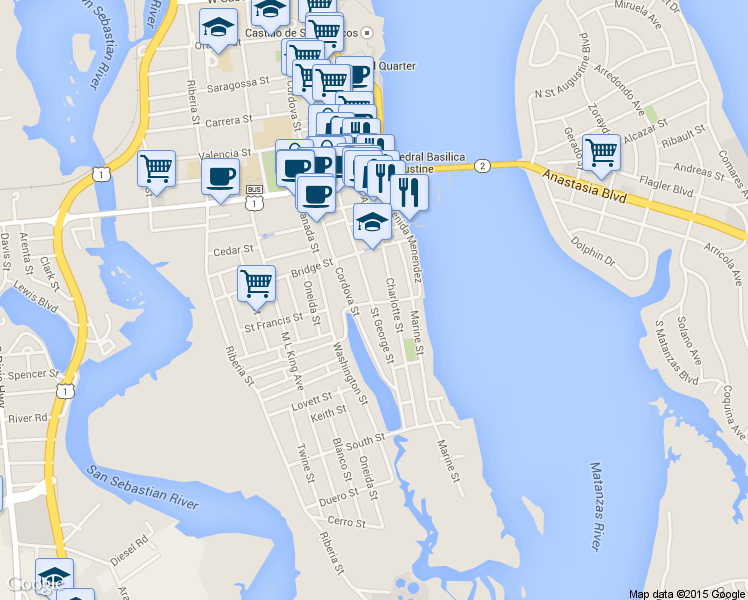 map of restaurants, bars, coffee shops, grocery stores, and more near 279 Saint George Street in Saint Augustine