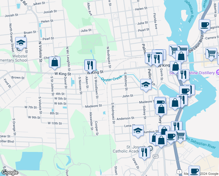 map of restaurants, bars, coffee shops, grocery stores, and more near 375 South Rodriquez Street in St. Augustine