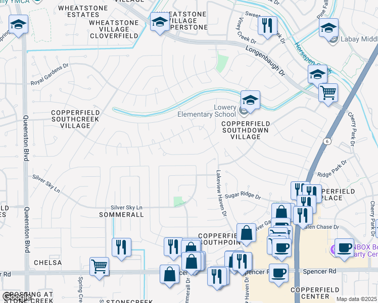 map of restaurants, bars, coffee shops, grocery stores, and more near 16310 Hickory Point Road in Houston