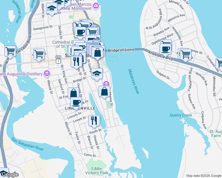 map of restaurants, bars, coffee shops, grocery stores, and more near 85 Marine Street in St. Augustine