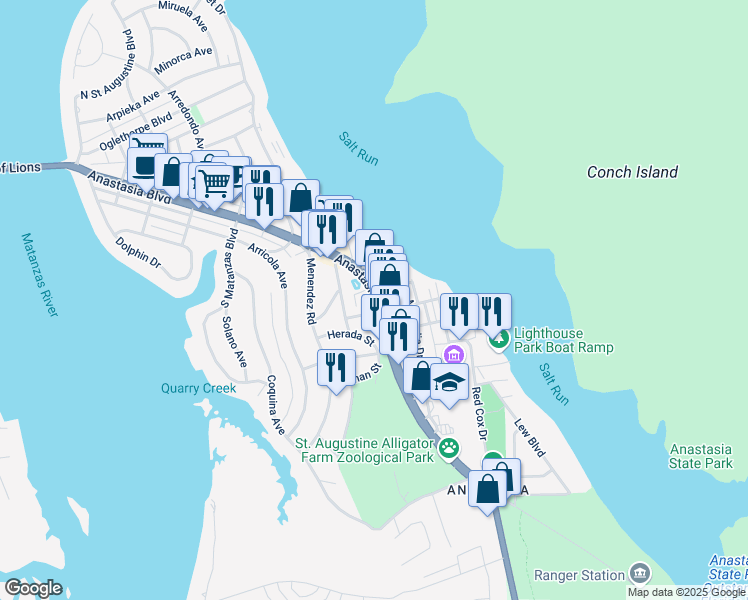 map of restaurants, bars, coffee shops, grocery stores, and more near 825 Anastasia Boulevard in St. Augustine