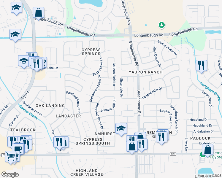 map of restaurants, bars, coffee shops, grocery stores, and more near 19810 Hidden Shadow Lane in Cypress